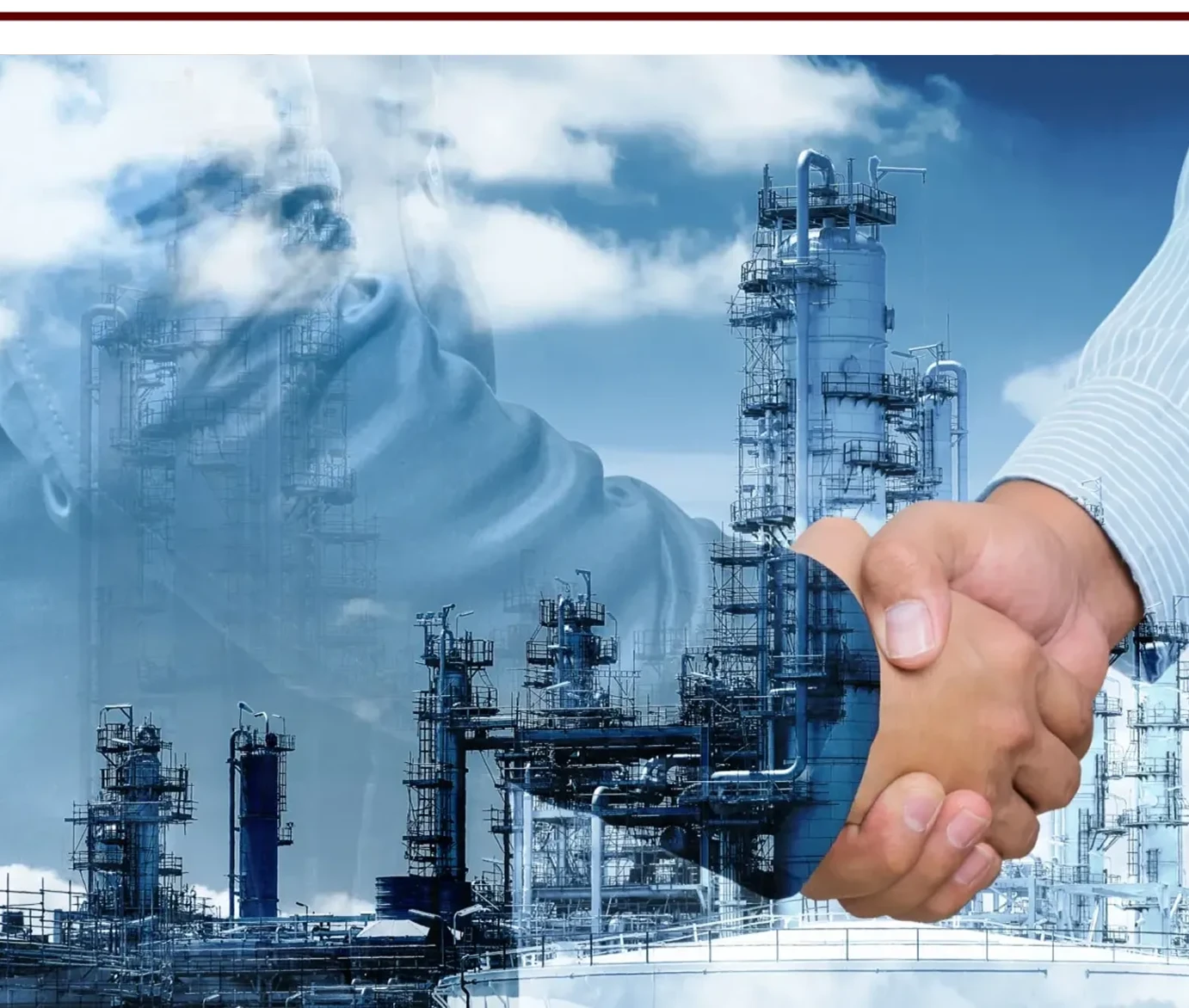 Two men shaking hands in front of an oil refinery, with a person standing in the background
